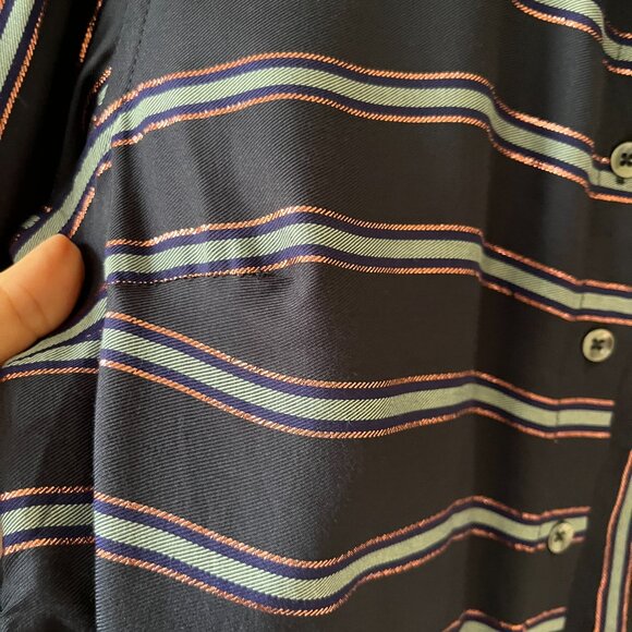 Dressbarn Sz XS Womens Navy Blue Metallic Striped Button Down Shirt Roll Tab Sly - Picture 5 of 8